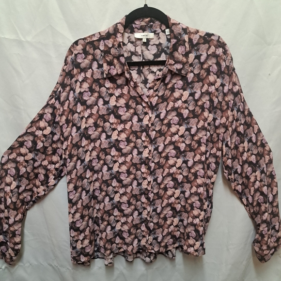 Vince XL 100% Sheer Silk Micropleat Long Sleeve Button Down Painted Floral - Picture 9 of 9